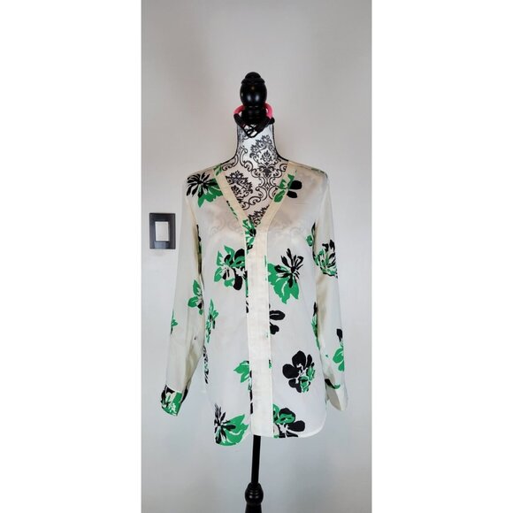 Banana Republic Women Ivory Long Sleeve Blouse Large Floral V Neck - Picture 1 of 11